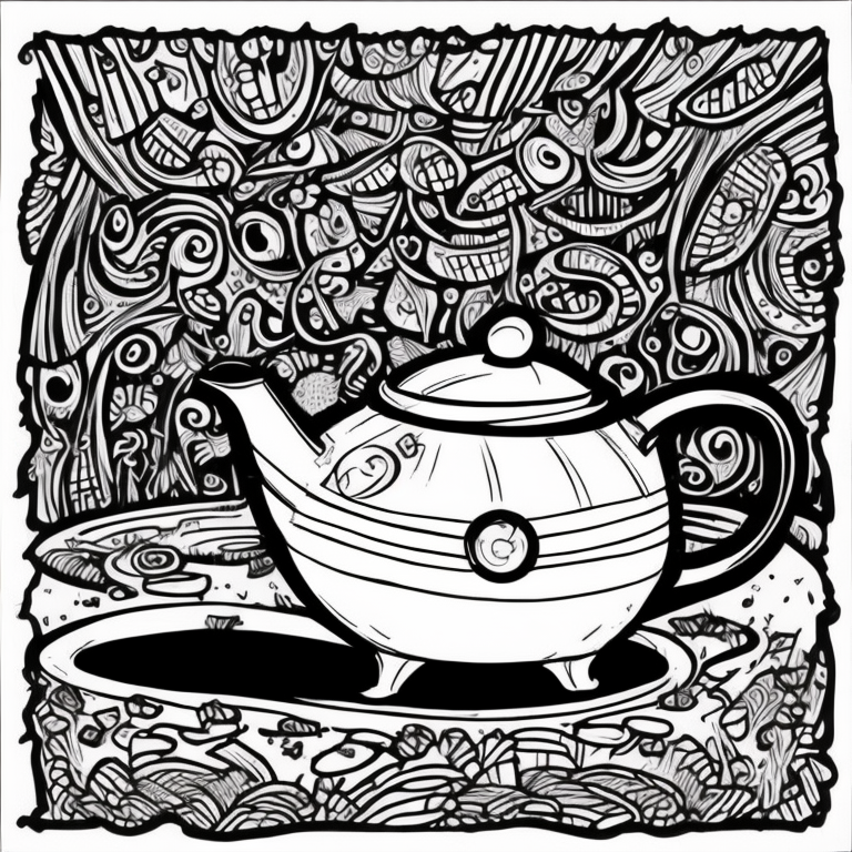 cute dancing teapot and plates on side coloring page