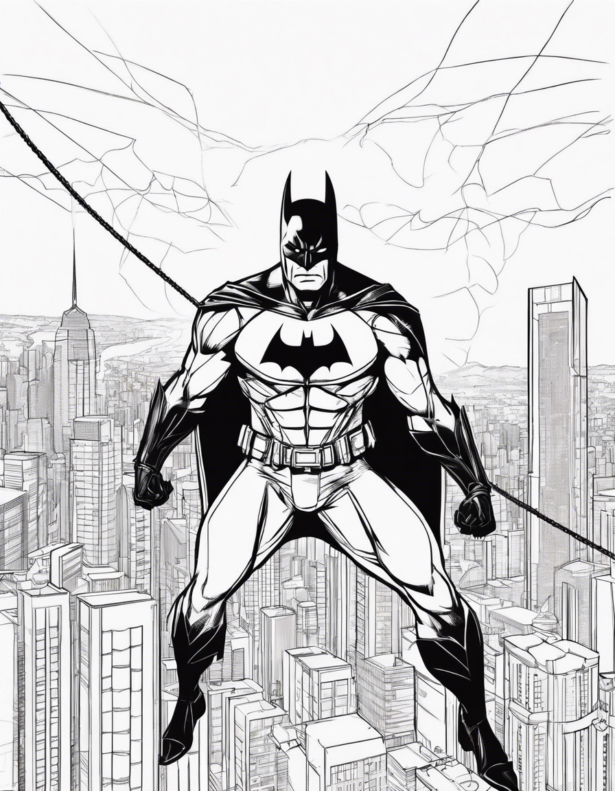 Batman swinging on a rope across the city skyline coloring page