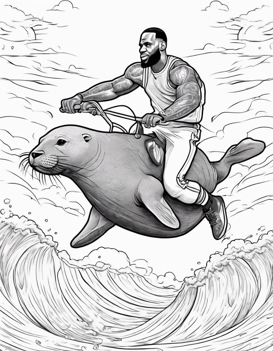 Lebron James riding a seal coloring page