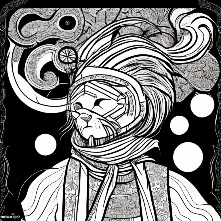 /imagine a photorealistic portrait of a Persian samurai wearing a mempo samurai mask and traditional Ghajar clothing, standing in front of a group of women playing electric guitar. The scene is set in a dimly lit room with smoke and neon lights. --ar 4:3 --no plants coloring page