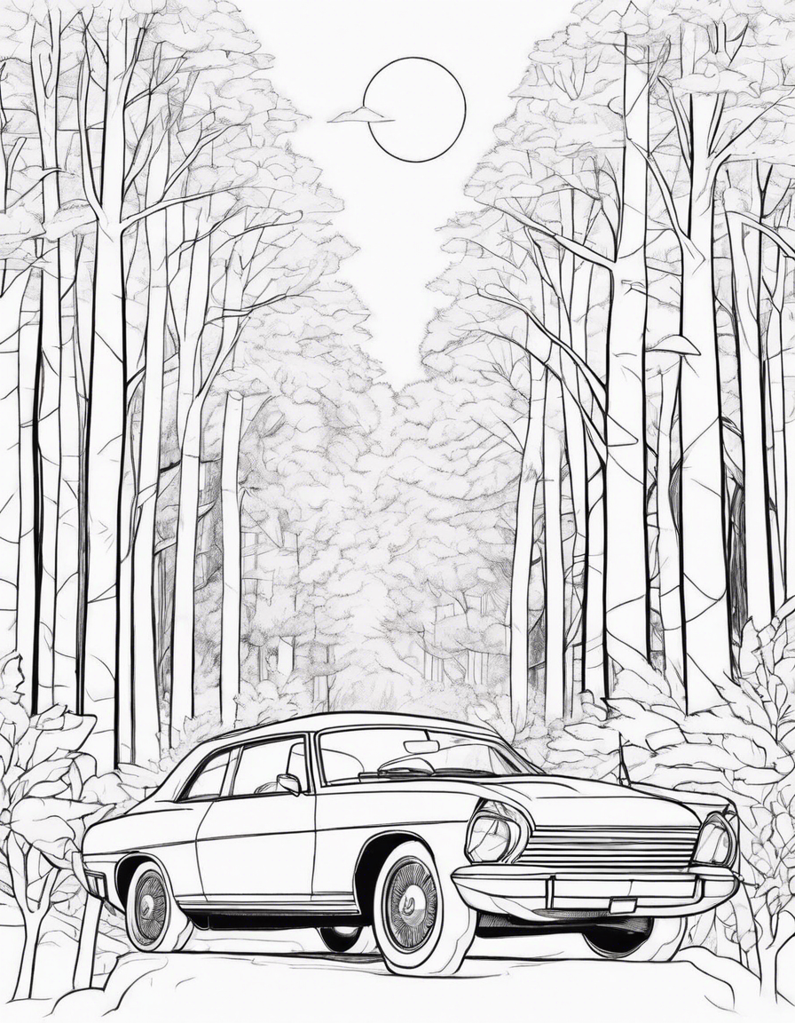 car family in a forest coloring page