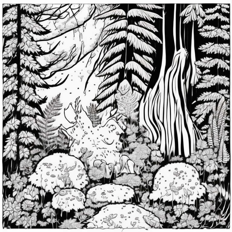 chanterelle mushrooms poking out of the duff and ferns of a pacific northwest forest coloring page