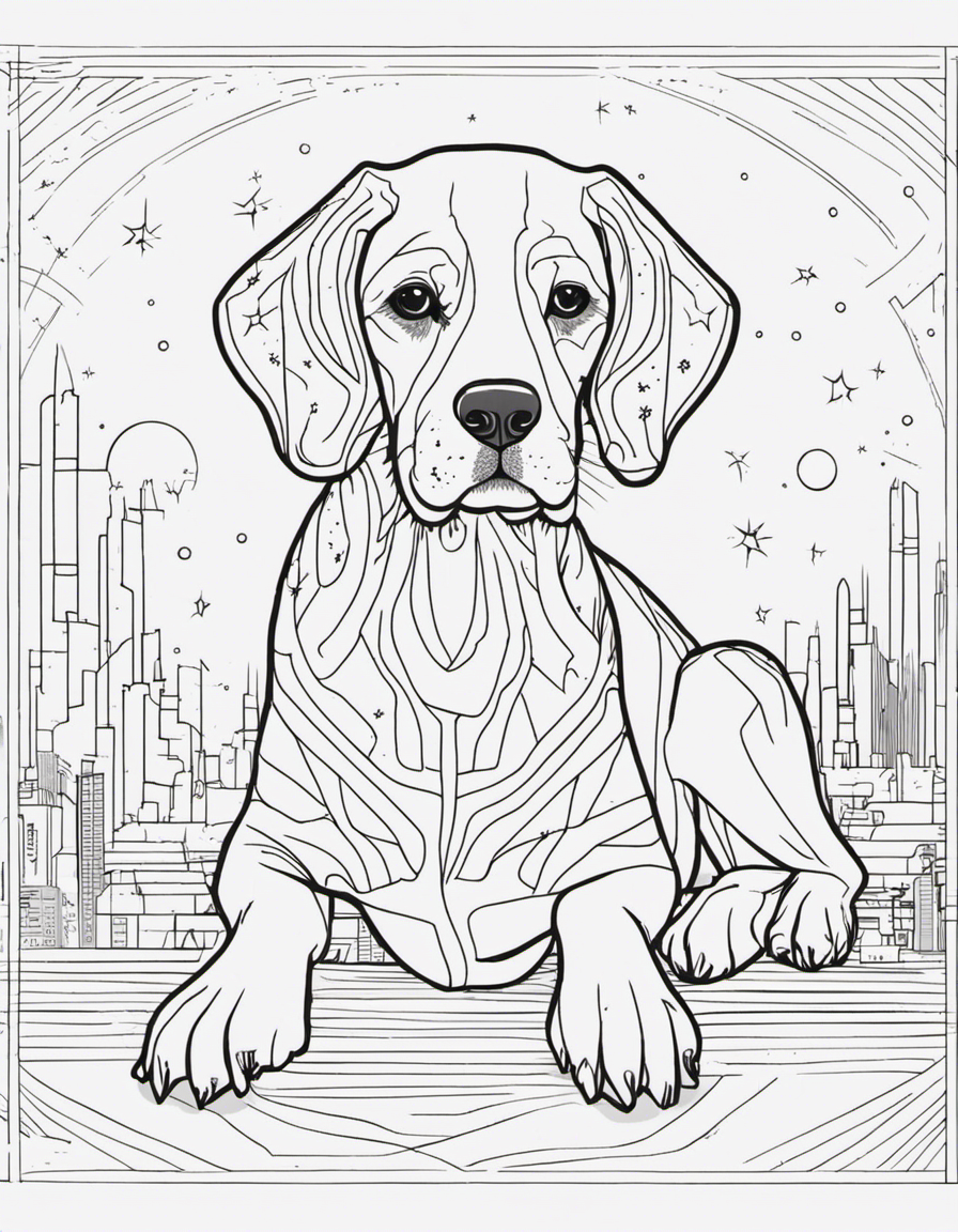 Dog in a space with patterns coloring page