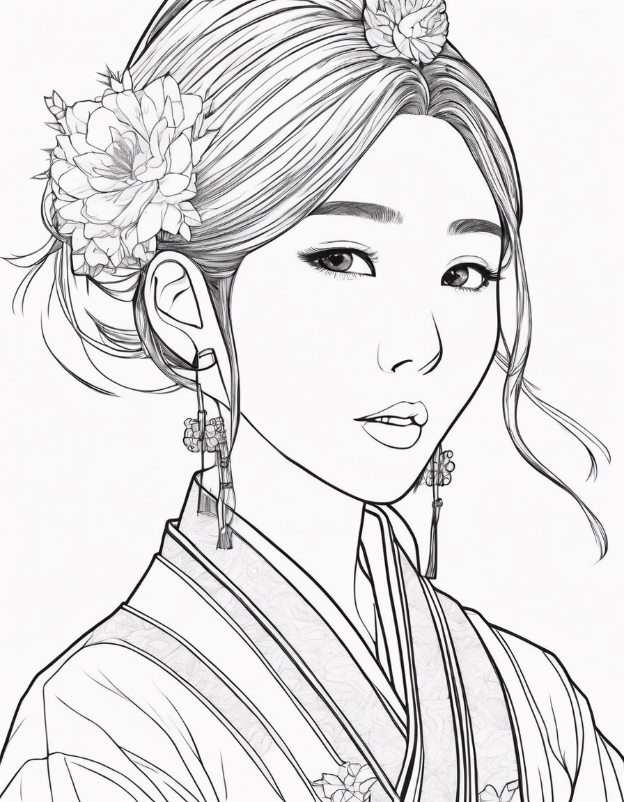 Free Anime girl wearing traditional hanbok coloring page 2023