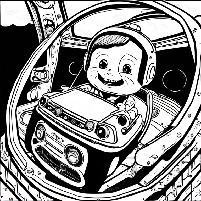 JJ from Cocomelon in a modern cockpit car coloring page