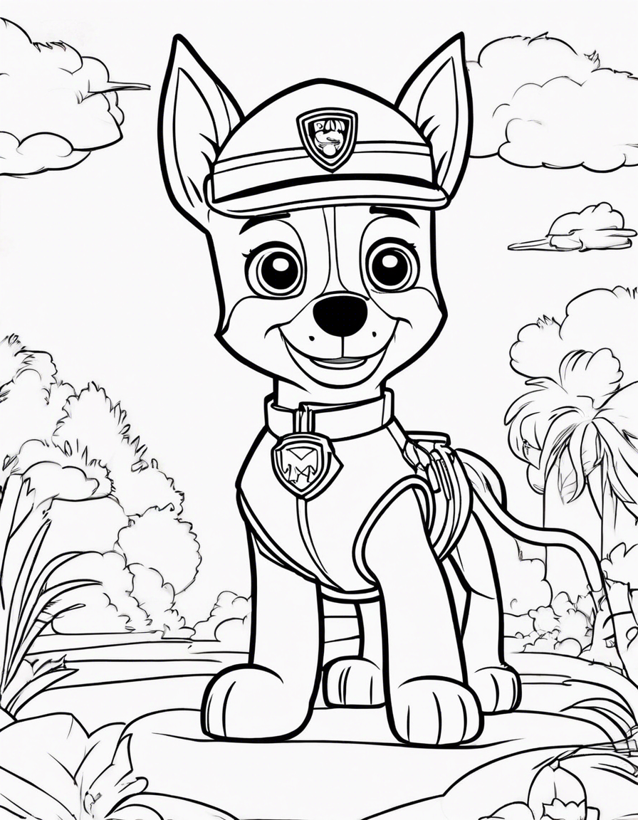 cartoon a preto e branco da personagem sky da serie paw patrol a tocar clarinete em cima de uma iate perto de uma ilha coloring page