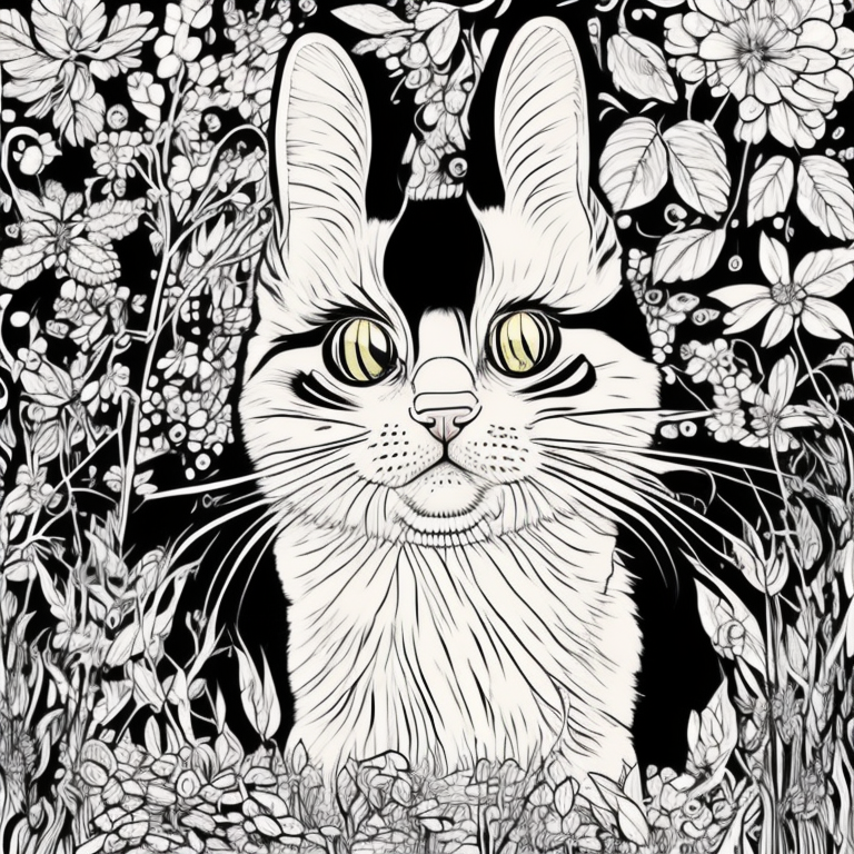 Desenhe um campo de flores mostrando o gato das sombras descansando em meio a pétalas brilhantes que emitem uma suave luz noturna. A cena deve transmitir uma sensação de serenidade e encantamento, como se o gato estivesse em um sonho mágico. A imagem deve ser rica em detalhes e estilo realista, sem sombras ou cores adicionais coloring page