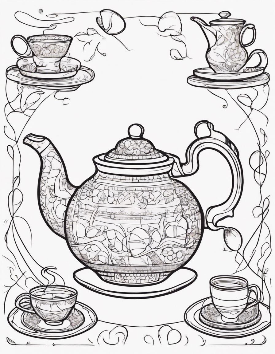 cute dancing teapot and plates on side coloring page