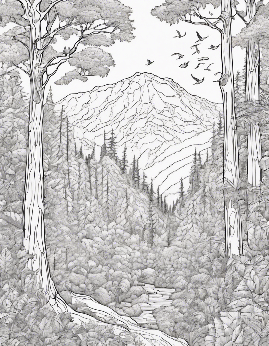 Forest in the Mountain: The painting of a forest in a mountain lush with green trees gives you the feeling of taking a walk with the sounds of nature and makes you feel calm. You can express the stillness of birds sitting on tree branches singing or time stopping. coloring page