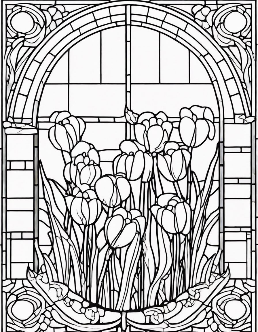 square stained glass window with snowdrop flowers coloring page