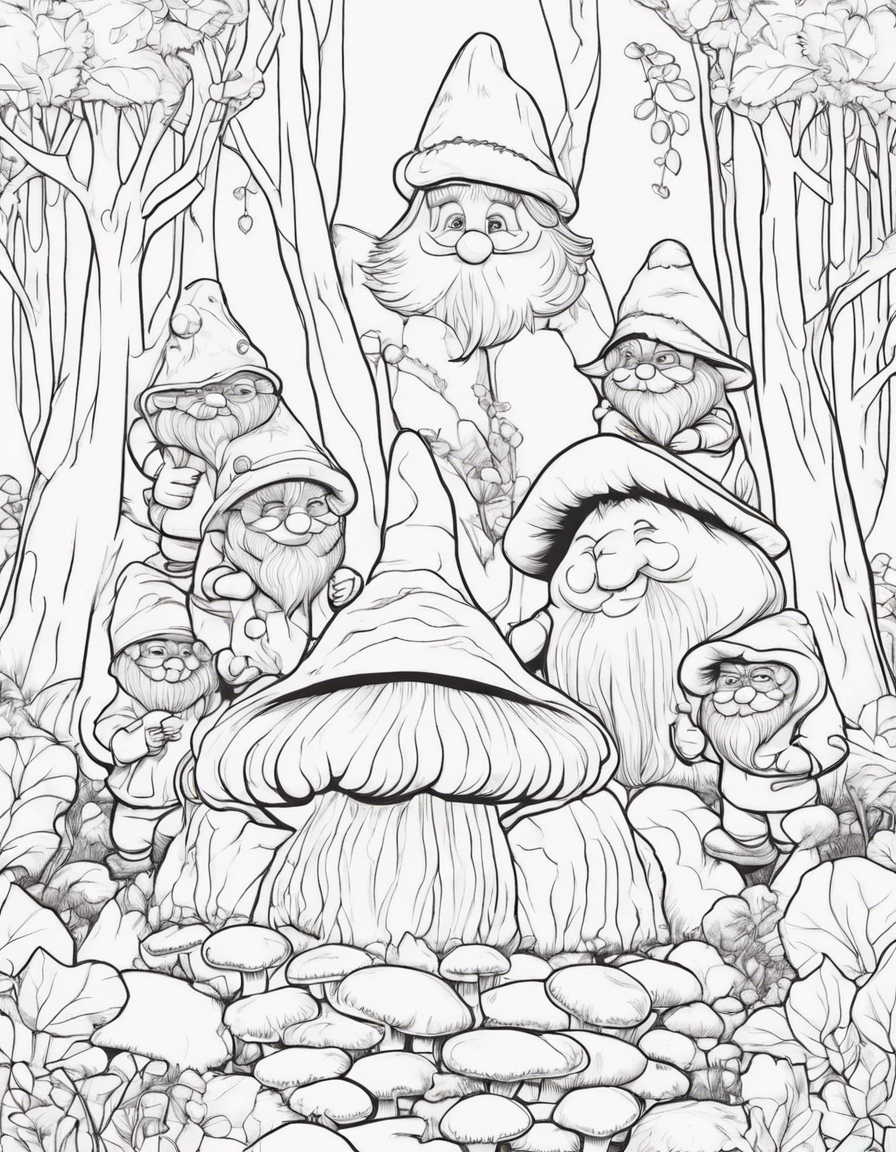 gnomes in a mushroom forest coloring page