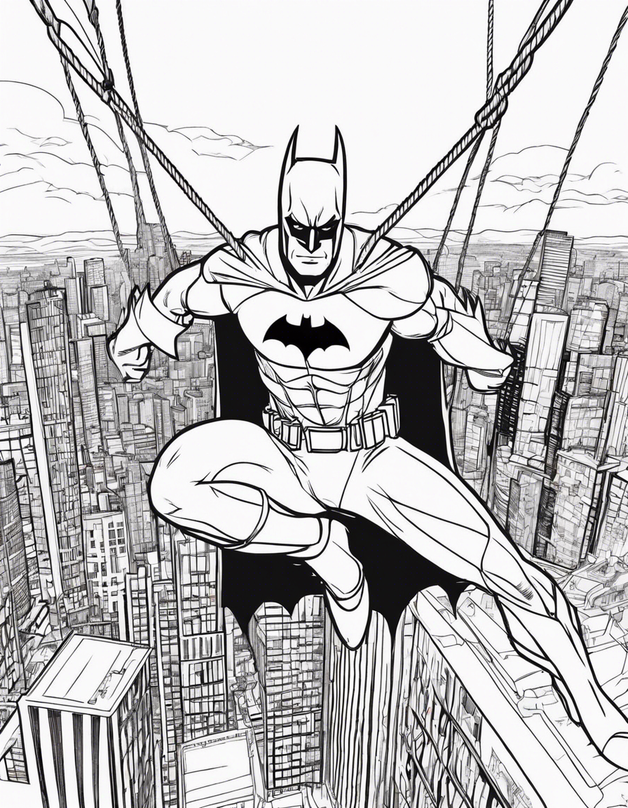 Batman swinging on a rope across the city skyline coloring page