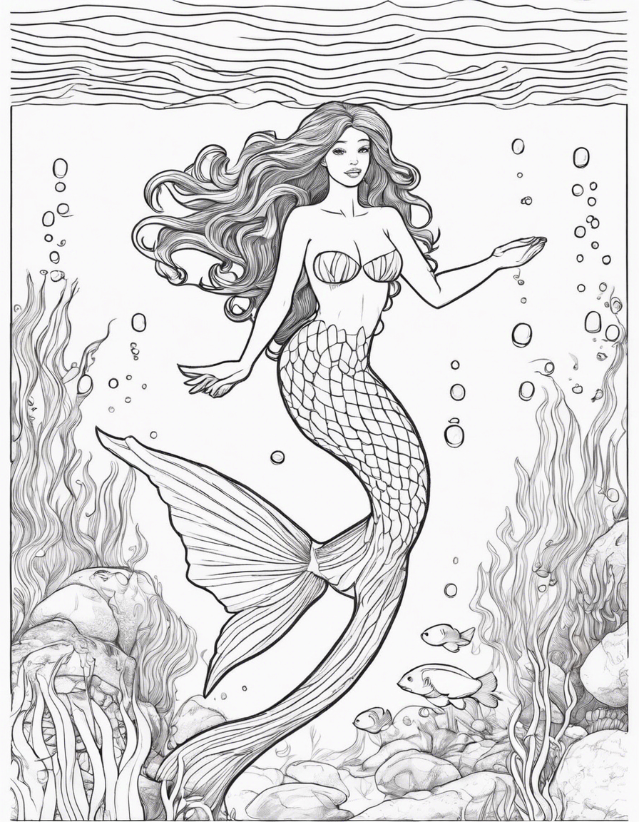 Princess Mermaid Swimming underneath ocean coloring page