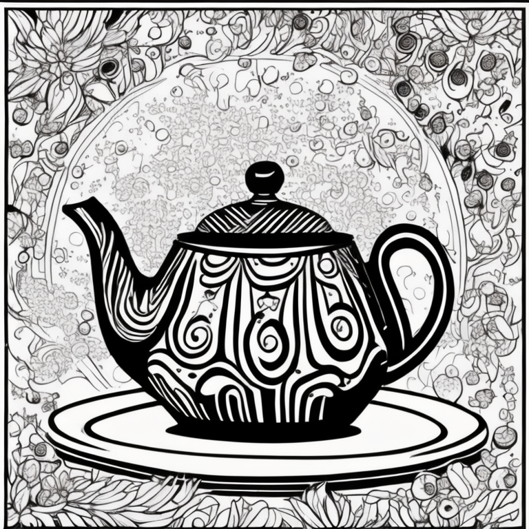 cute dancing teapot and plates on side coloring page