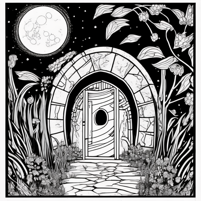 Design an adult coloring page portraying the shadow cat encountering an ancient magical portal materializing under the moonlight. The portal emits an ethereal glow, revealing a passage to an unknown and mysterious realm. Frase na página: "At the threshold of mystery, a portal opens." Prompt: "Illustrate the shadow cat before a magical portal in black and white, which has appeared under the moonlight. The portal should emit an ethereal glow, creating a mysterious and intriguing atmosphere. The scene should arouse curiosity about the unfamiliar realm that unfolds beyond the portal. The image should be rich in details, without additional shadows or colors, allowing readers to express their creativity while hand-coloring and be drawn into the magic of the mysterious encounter. coloring page