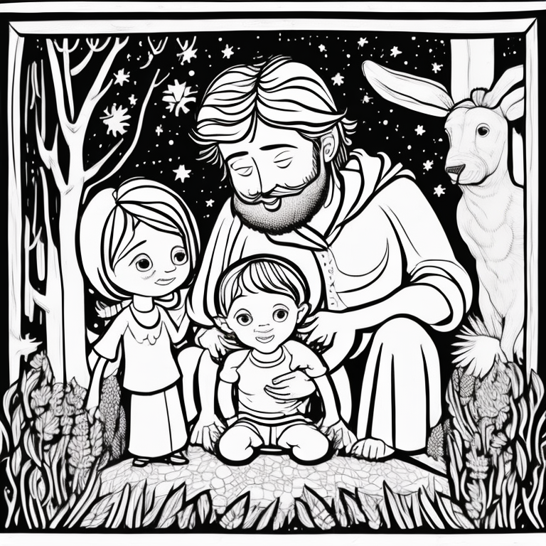 image of the birth of Jesus Christ with his parents, uncolored for coloring book. realistic style.