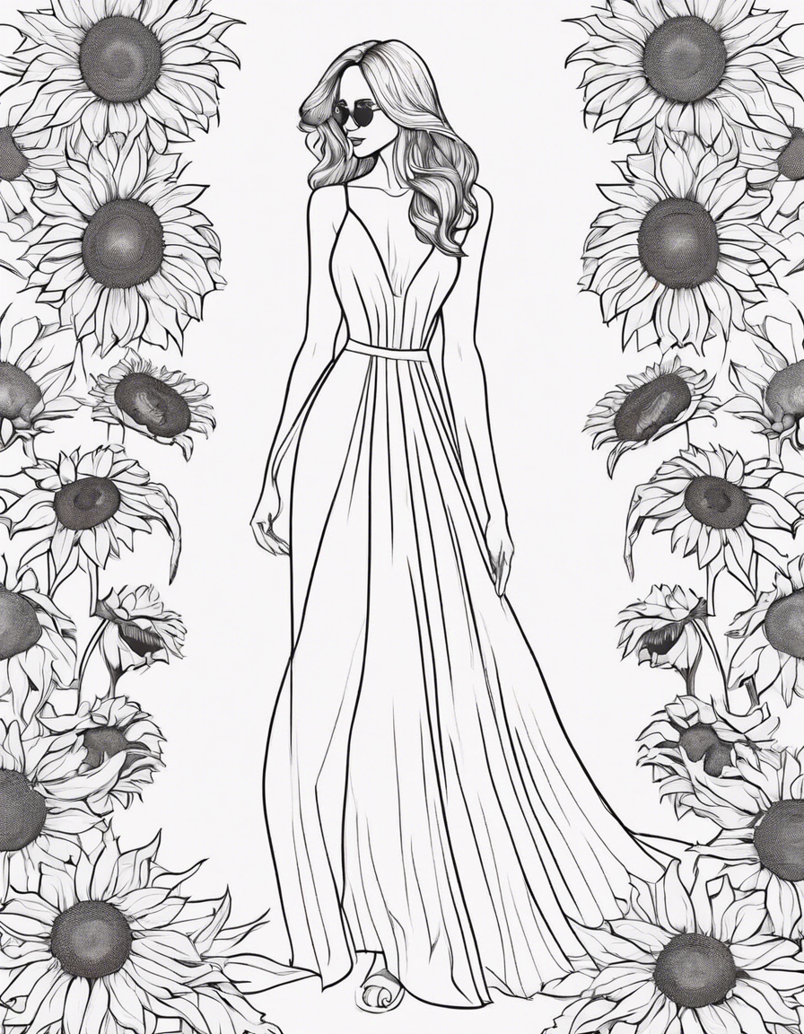 Flowing dress made of literal sunflowers coloring page