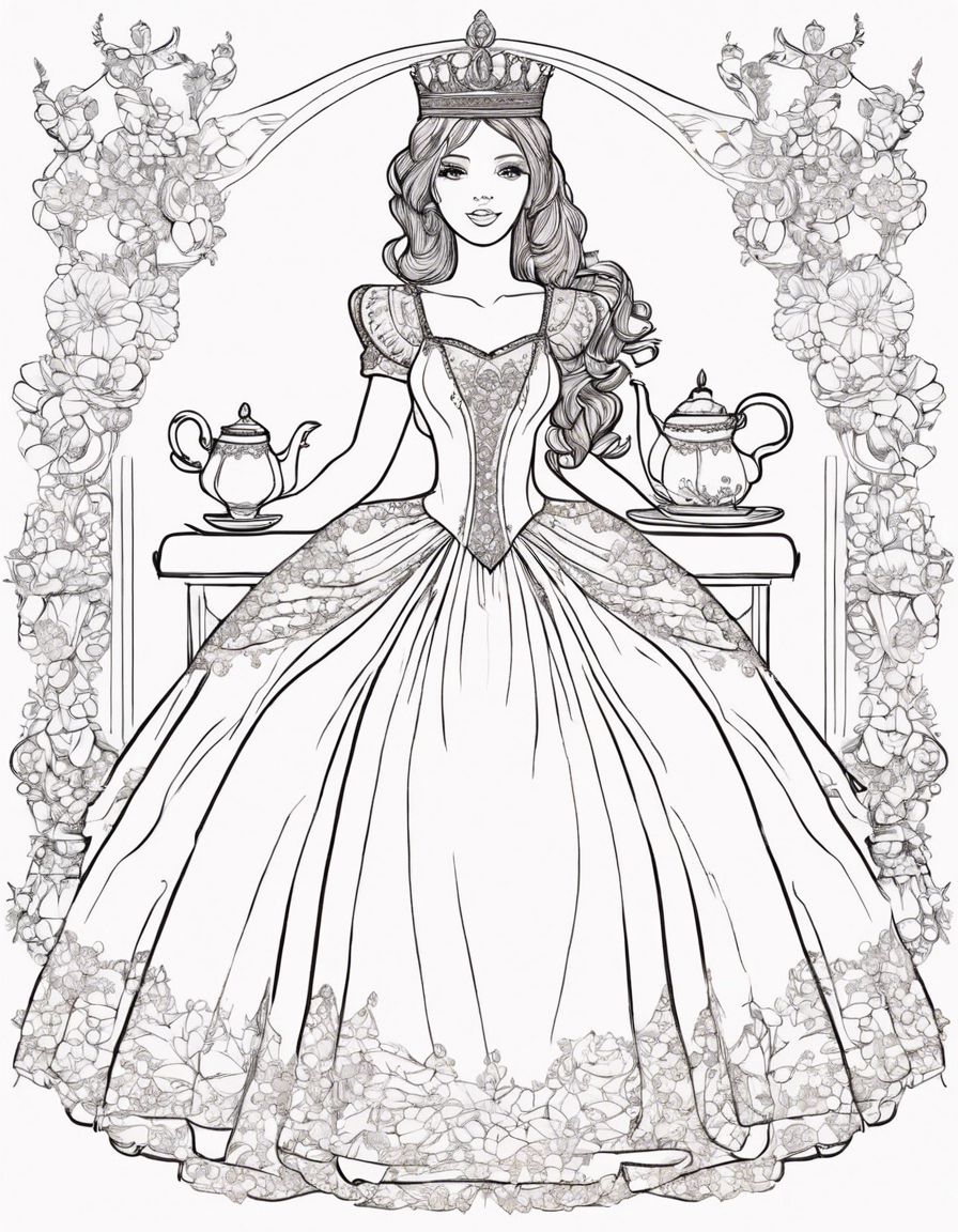 Colour Princess: The central figure of the illustration should be a princess drinking tea or holding a cup. She can be depicted wearing a beautiful gown or dress, with a crown or tiara on her head to signify her royalty. Tea Set: Include a tea set with a teapot, teacup, and saucer. The tea set can be ornate and elegant, reflecting the princess's refined taste. Flowers: The illustration should have an abundance of flowers surrounding the princess. Use a variety of colorful flowers like roses, daisies, tulips, and lilies to create a vibrant and enchanting atmosphere. Tea Party Setting: Create a cozy and picturesque scene by including a table or picnic blanket with a floral tablecloth where the princess can enjoy her tea. Add teacups, plates, and utensils to enhance the tea party ambiance. Nature Elements: Incorporate natural elements like trees, bushes, grass, or a meadow in the background to give the illustration depth and context. This will also complement the princess's surroundings in the flower-filled environment. Butterflies and Birds: To add an extra touch of whimsy, include butterflies fluttering around the flowers or birds perched on branches nearby. This will bring life to the illustration and create a sense of movement. Delicate Details: Pay attention to small details, such as the princess's facial expression, hair, and clothing details. Add intricate patterns to her attire or jewelry to make her look regal and elegant. Soft Color Palette: Opt for a soft and pastel color palette to maintain a gentle and dreamy atmosphere. Light pinks, purples, and blues can be used for the princess's dress and the flowers, while greens and browns can be used for the natural elements. Error-Free Execution: Ensure that the design is meticulously executed, with clean lines, smooth color transitions, and attention to proportion and perspective. Avoid any glaring errors or inconsistencies that may distract from the overall beauty of the illustration. coloring page