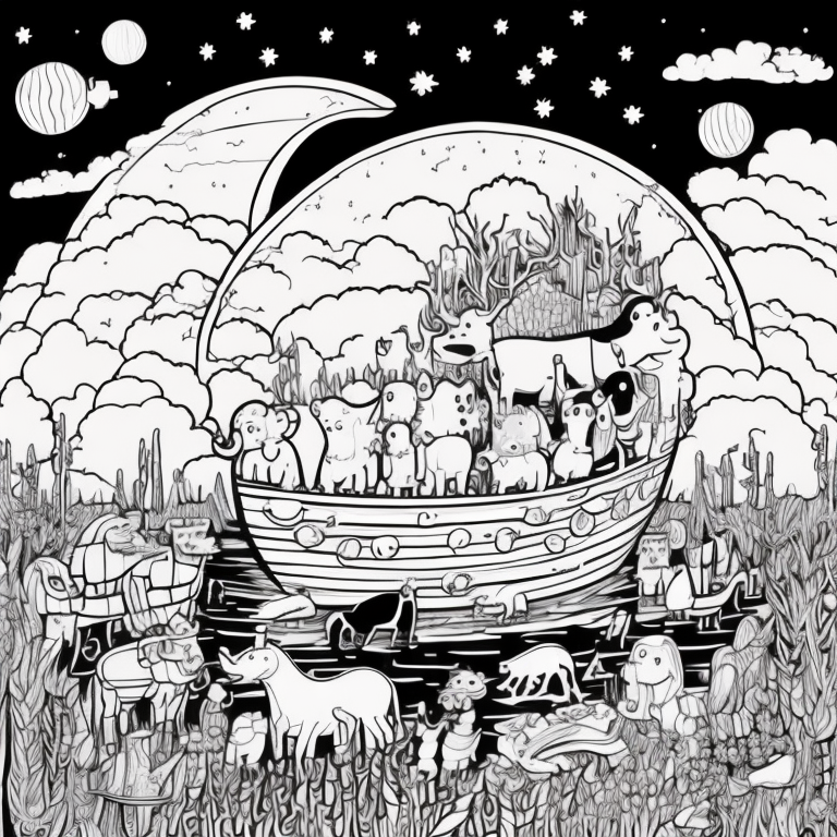 A colorful scene of Noah’s Ark floating on water, with animals on board, a rainbow in the sky coloring page