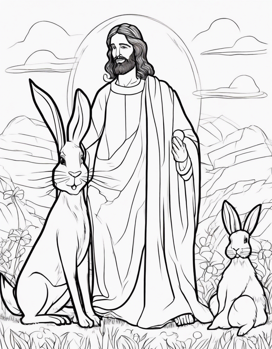 Jesus happy and an Easter bunny together with a raw one in the background coloring page