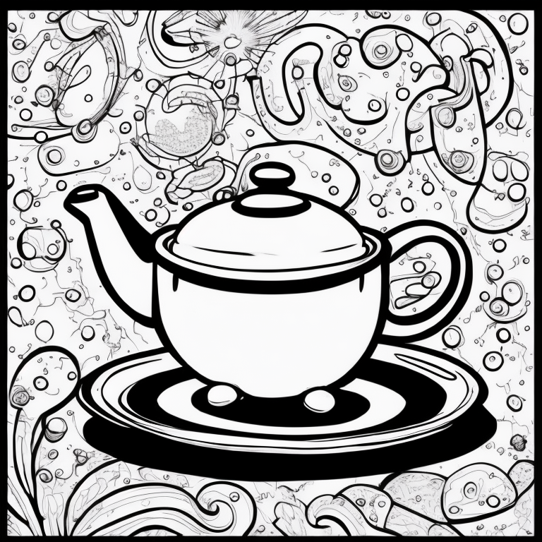 cute dancing teapot and plates on side coloring page