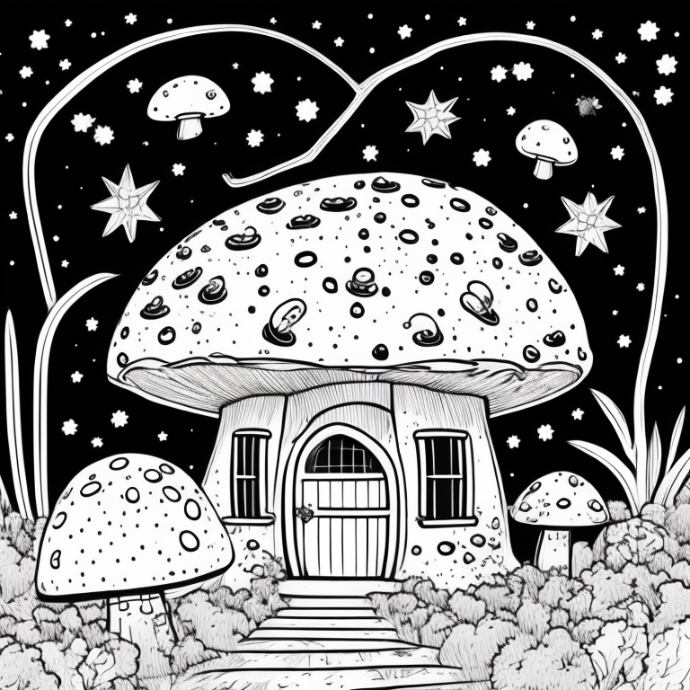 mushroom shaped house, cute coloring page