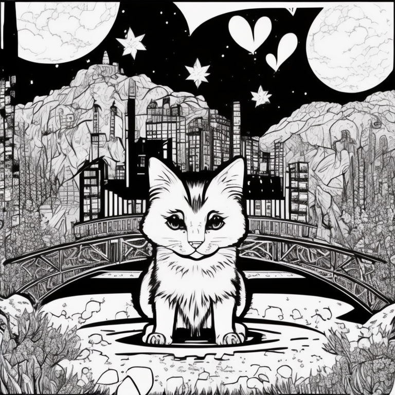 Desenhe um gato em uma ponte suspensa sobre um rio a noite. A imagem deve ser em estilo realista