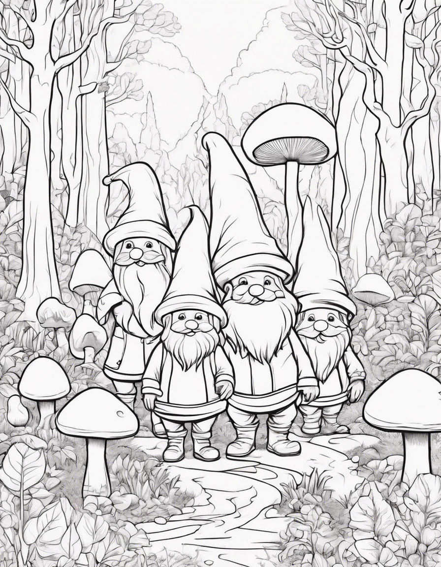 gnomes in a mushroom forest coloring page