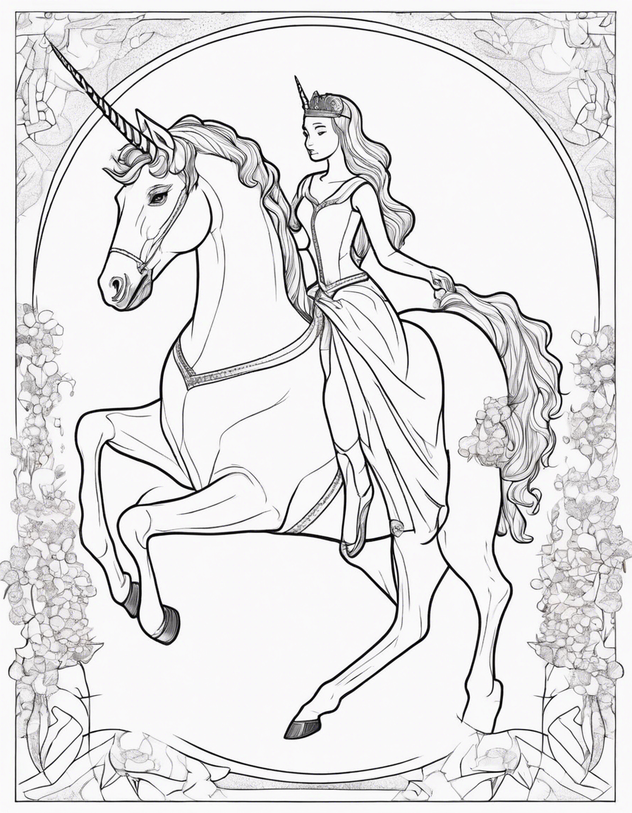 Unicorn with princess riding it coloring page