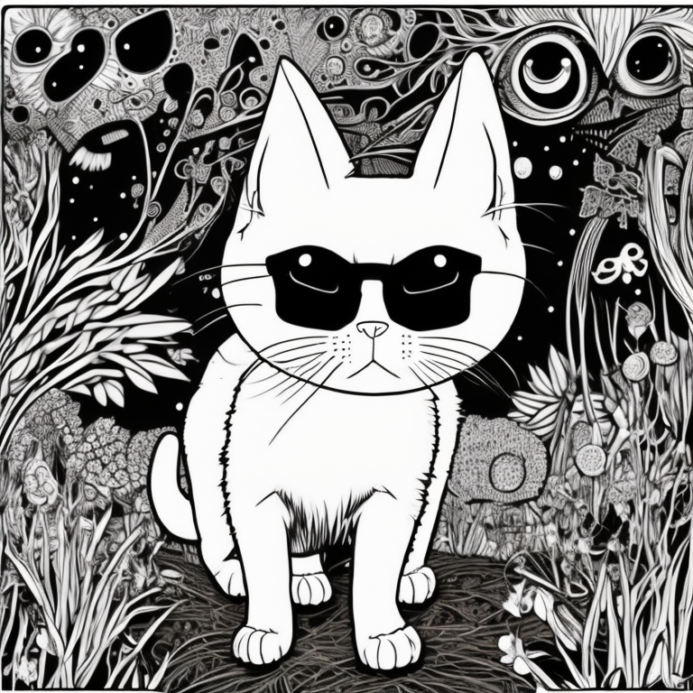 Elabore uma imagem em preto e branco para colorir, apresentando o gato das sombras em uma cena noturna de um parque enevoado cercado por árvores misteriosas. A cena deve ser em estilo cartoon, sem sombras ou cores adicionais. Crie uma atmosfera intrigante, com ênfase na postura confiante do gato enquanto explora o parque. Deixe espaço para os leitores expressarem sua criatividade ao colorir à mão, adicionando vida ao gato e aos elementos do parque enigmático, proporcionando uma experiência artística e envolvente coloring page