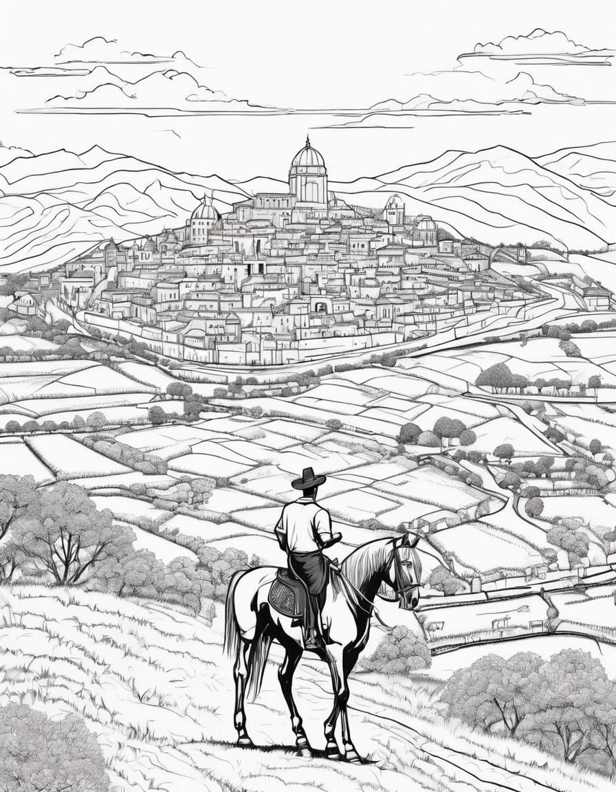 View of ancient city in the distance surrounded by farm land being viewed by a man on a horse coloring page