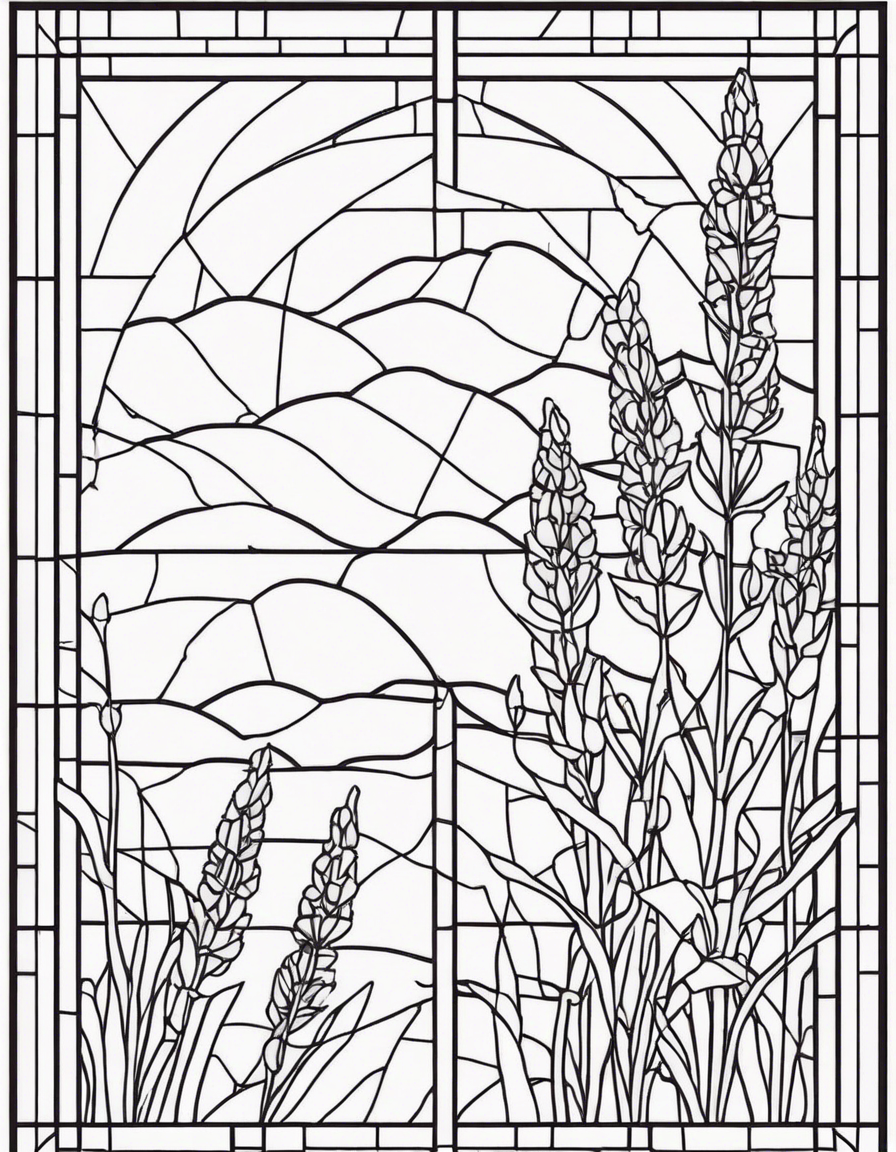 Square stained glass window with lavenders coloring page