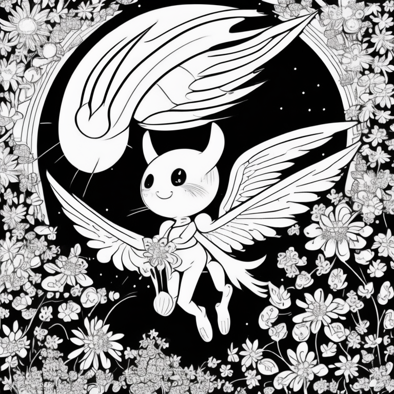 flying angel in flowers and sun coloring page