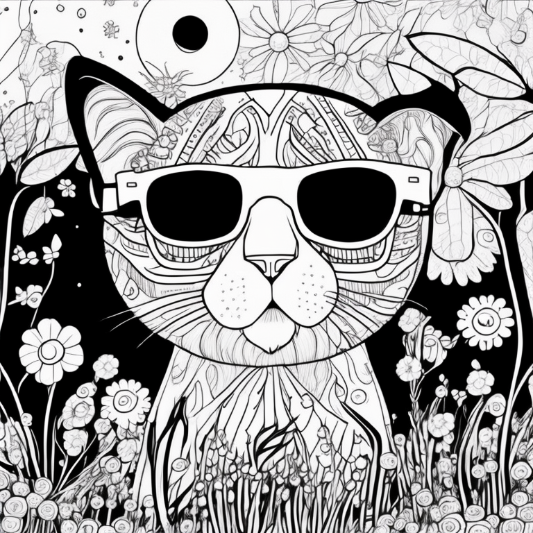 Design an adult coloring page portraying the shadow cat within an ethereal garden of luminous flowers, their petals emitting a soft glow under the moonlight. Utilize a continuous line drawing style with simple lines, tailored for easy coloring while maintaining a realistic touch. Evoke an atmosphere of otherworldly tranquility and connection with nature through delicate details and a serene ambiance. Display the image in black and white against a white backdrop, in harmony with the aesthetic trends popular on platforms such as ArtStation. Ensure a clear focus and intricate composition, providing colorists an immersive and reflective coloring experience.
