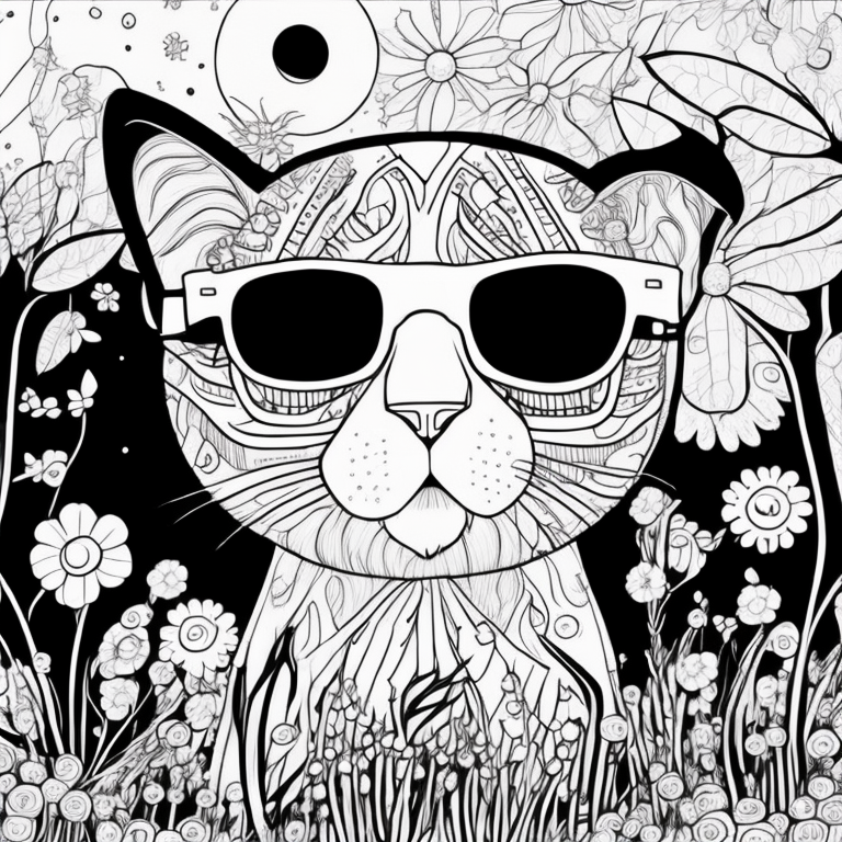 Design an adult coloring page portraying the shadow cat within an ethereal garden of luminous flowers, their petals emitting a soft glow under the moonlight. Utilize a continuous line drawing style with simple lines, tailored for easy coloring while maintaining a realistic touch. Evoke an atmosphere of otherworldly tranquility and connection with nature through delicate details and a serene ambiance. Display the image in black and white against a white backdrop, in harmony with the aesthetic trends popular on platforms such as ArtStation. Ensure a clear focus and intricate composition, providing colorists an immersive and reflective coloring experience. coloring page