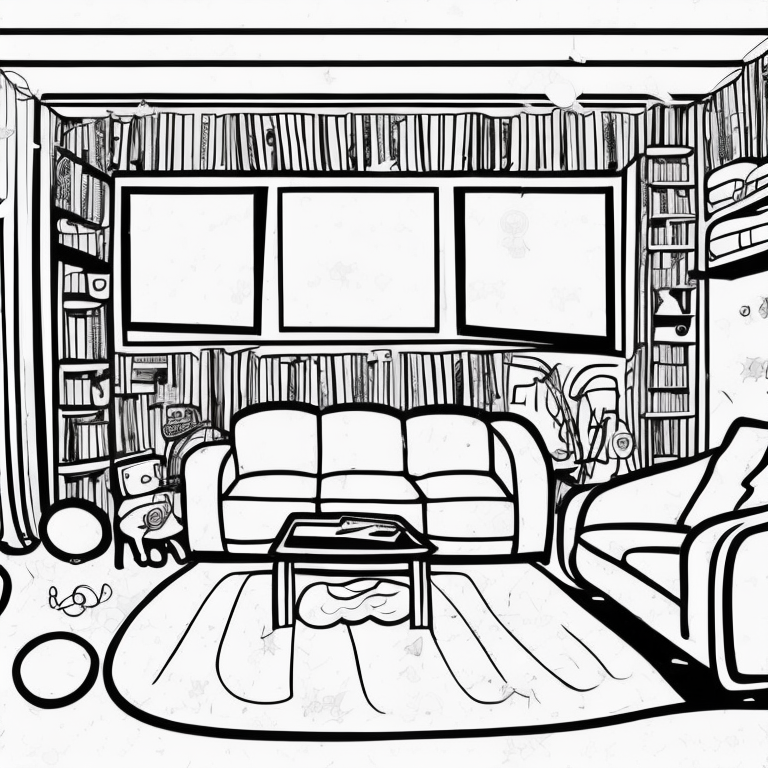a cozy and colorful room, with a big, fluffy sofa in the center. A happy family is watching TV.