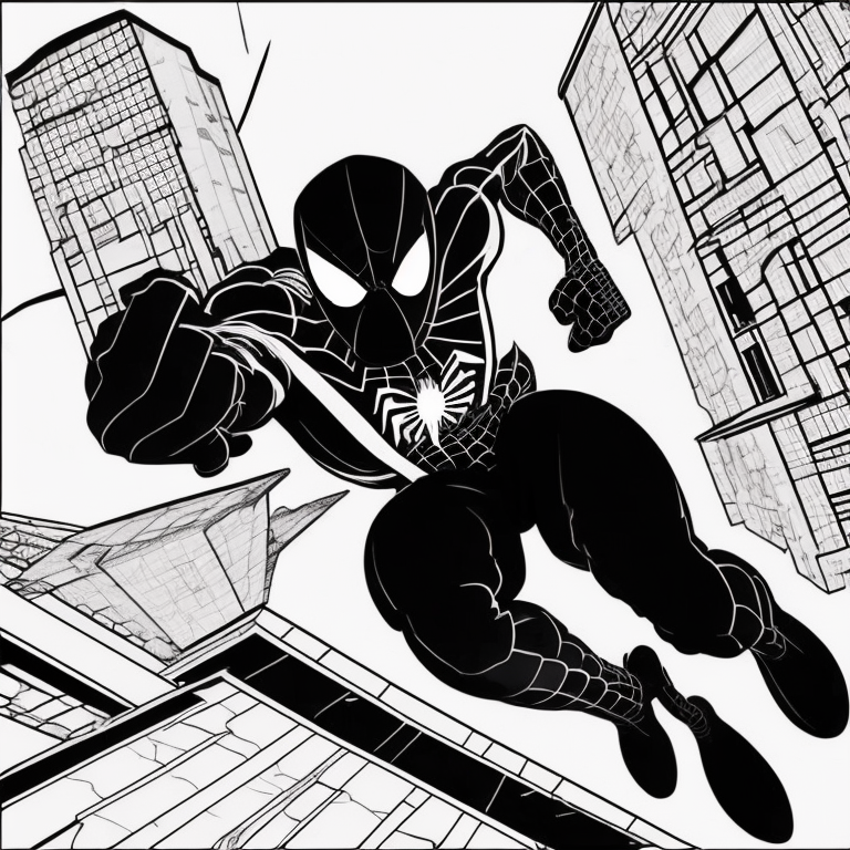 Spiderman flying between buildings coloring page