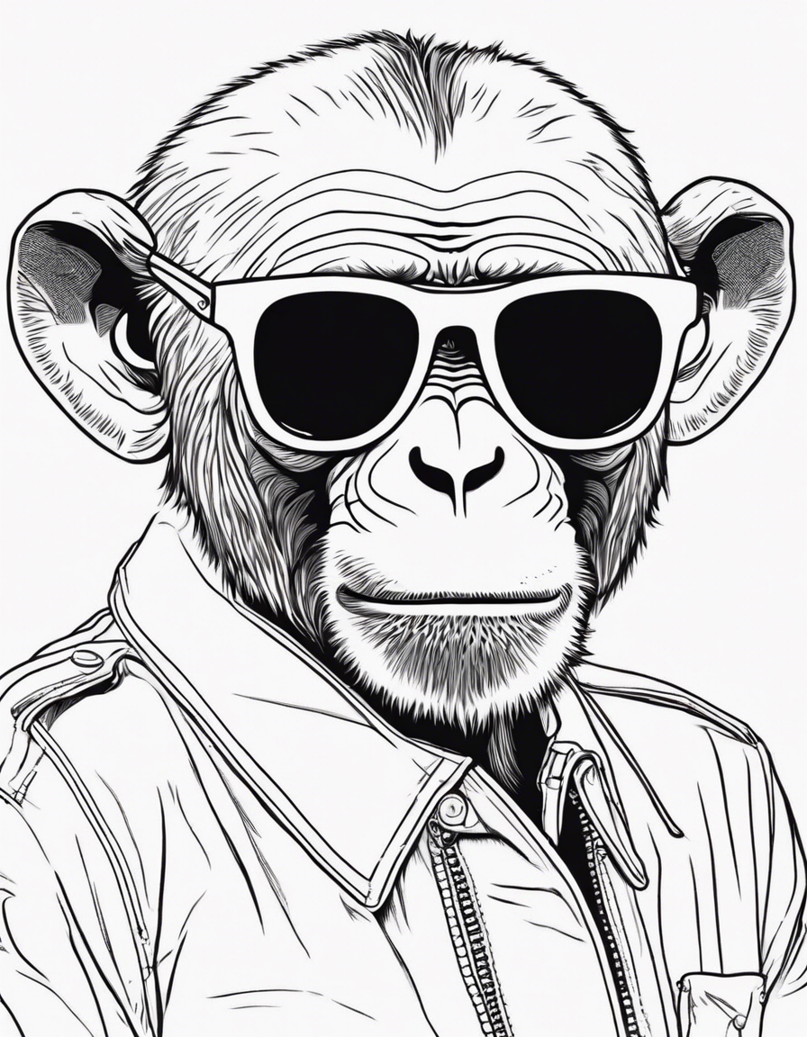 A drawing of a monkey with sunglasses with an earring and no colors, only outlines, not realistic like a coloring page coloring page