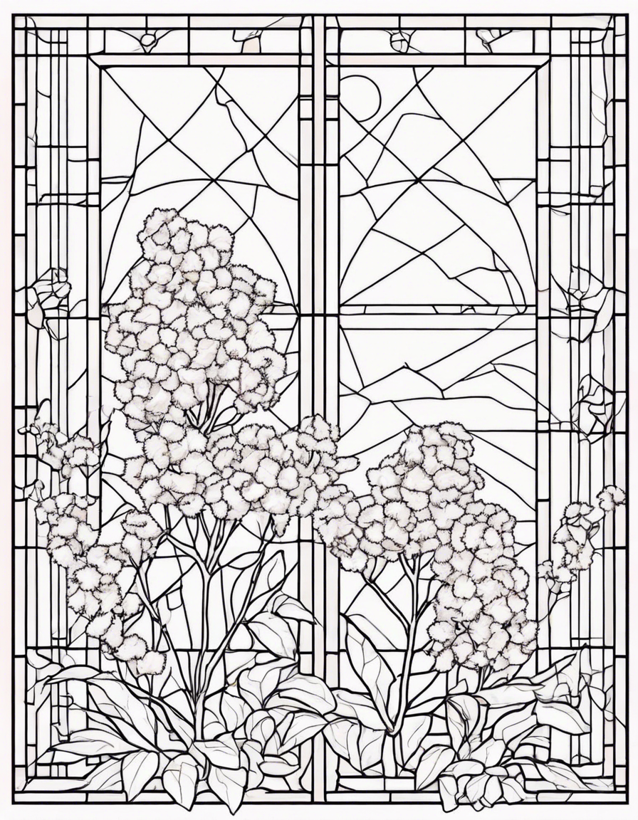 square stained glass window with crape myrtles coloring page