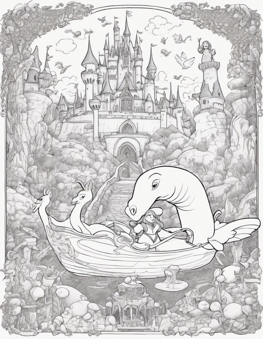 "A surreal and imaginative black and white line art illustration of Shrek and Fiona exploring a dreamscape in the castle's enchanted bedroom. The room is transformed into a whimsical landscape, with floating islands and flying creatures. Shrek and Fiona are shown riding on a giant swan, with Donkey flying alongside them on a magic carpet. The line art is suitable for coloring, with fantastical and dreamy details that invite colorists to add their own sense of creativity and imagination to the scene. This coloring page captures the boundless imagination and magical adventures shared by Shrek, Fiona, and their friends, and invites colorists to join in on their wild dream sequence." coloring page