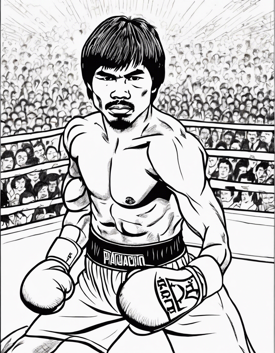 A youthful and determined black and white line art illustration of 16-year-old Manny Pacquiao in his professional boxing debut, on January 22, 1995. Young Manny is shown in the ring, ready to face his opponent and make a name for himself in the world of professional boxing. The crowd is shown in the background, buzzing with anticipation as they await the outcome of this young boxer's first professional fight. The line art is suitable for coloring, with youthful and determined details that invite colorists to add their own sense of hopefulness and excitement to the image. This coloring page captures the moment when Manny Pacquiao first stepped into the world of professional boxing, eager to prove himself and make his mark in the sport that would come to define his life." coloring page