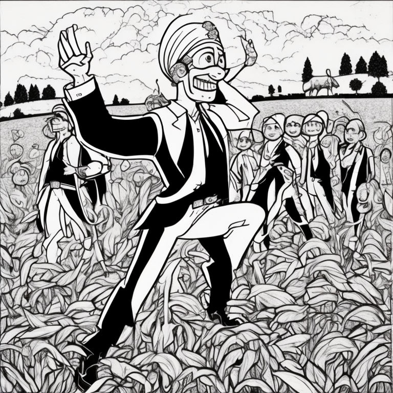 Draw a field with ripe crops, farmers celebrating the harvest by dancing to the beat of drums, and colorful turbans worn by men and women. coloring page