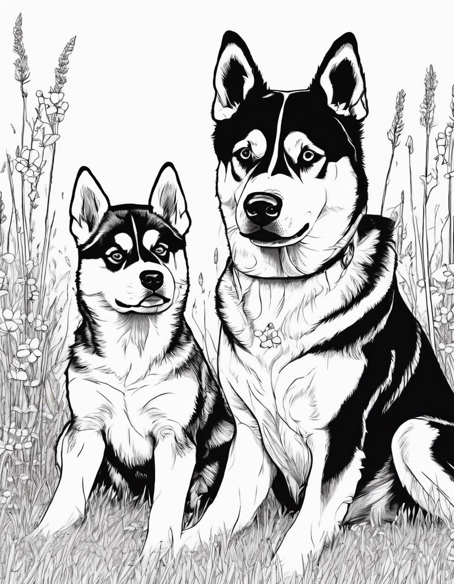 Small husky sitting next to big Rottweiler in a blue bonnet field 
￼ coloring page