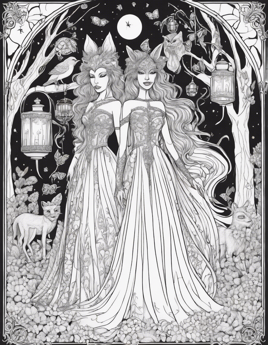 Create an adult coloring page of Creatures of the night gathering for a midnight masquerade under the moonlight with the creatures wearing masks with intricate patterns, and fairies don elegant, flowing gowns. Lanterns suspended from the trees cast soft, shadowy patterns on the garden floor. coloring page