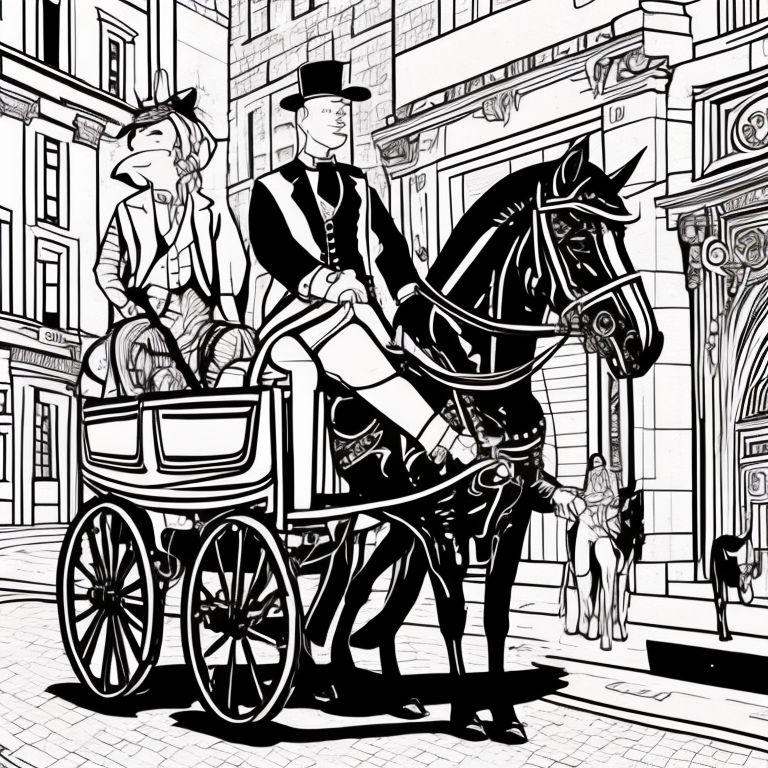 Carriage Arrival: A grandiose horse-drawn carriage pulls up to a palace entrance. The carriage is adorned with intricate carvings and pulled by a pair of majestic horses, while liveried footmen assist elegantly dressed passengers.