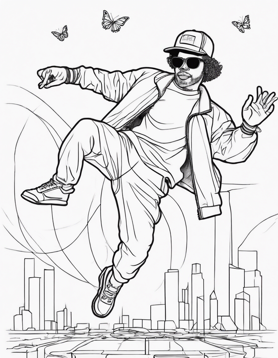 A butterfly breakdancing in an 80s outfit  coloring page