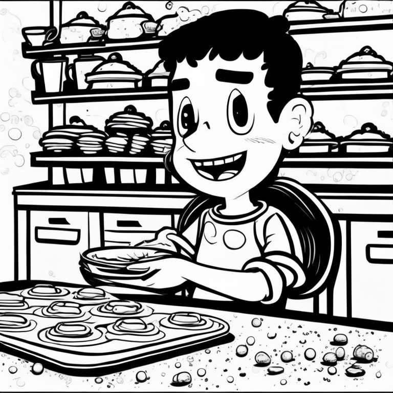 Cartoon boy smiling baking muffins in kitchen