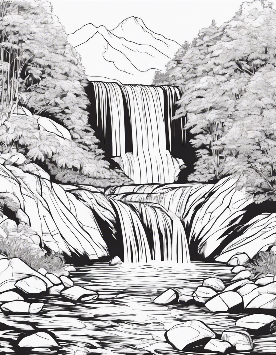 Calming Waterfall: A cascading waterfall surrounded by lush greenery and smooth rocks (no shading). coloring page