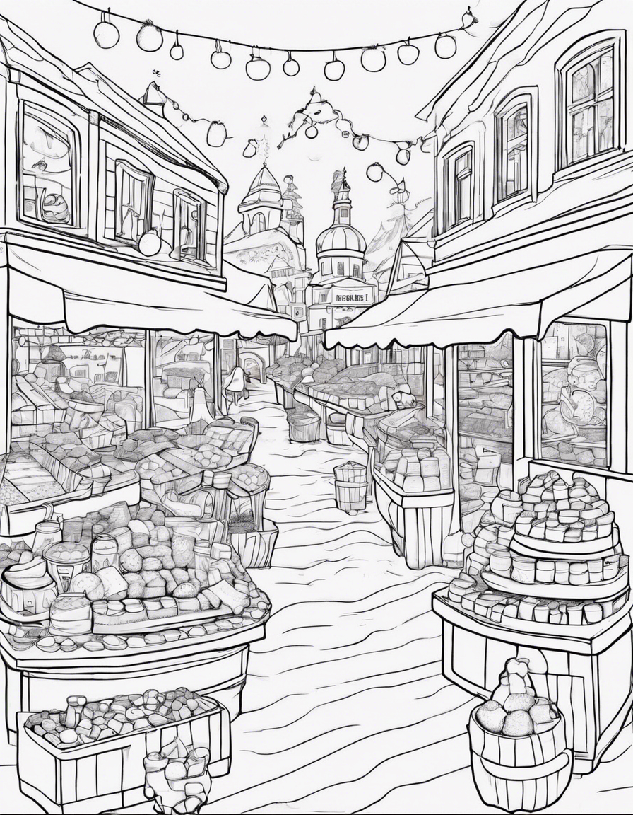 Create a coloring page of a winter market with stalls selling hot cocoa, snow globes, and holiday treats. Experiment with a surreal and abstract drawing style, adding imaginative elements to the scene. coloring page