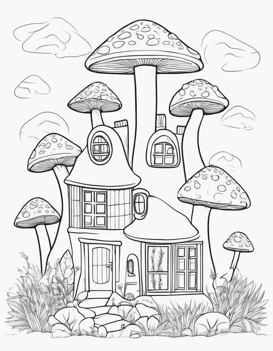 mushroom shaped house, cute coloring page